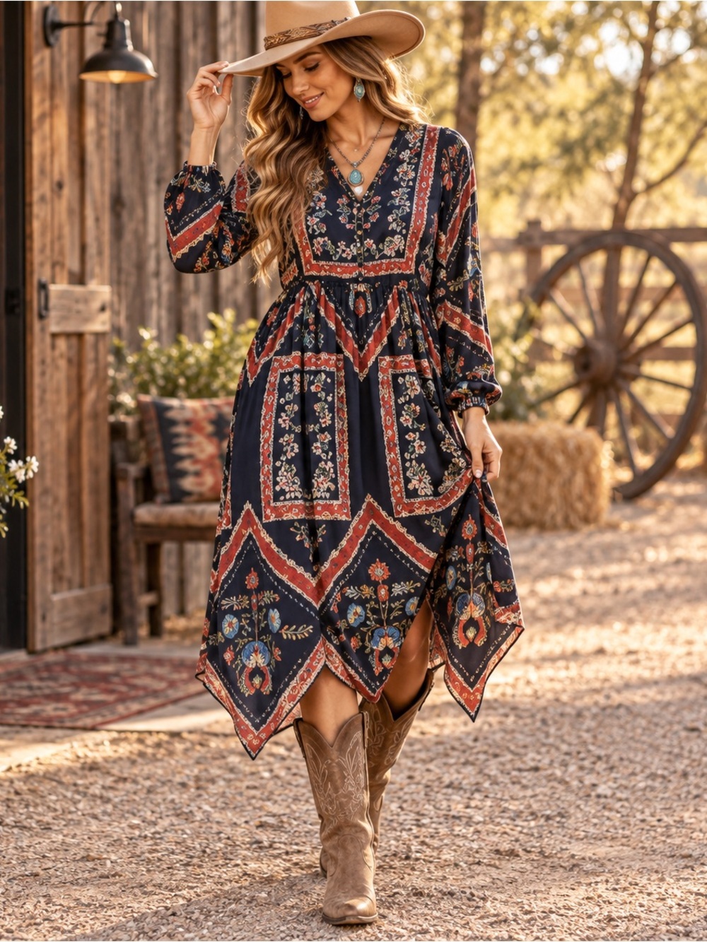 Zara Trafaluc Boho Scarf Print Handkerchief Hem Midi Dress M